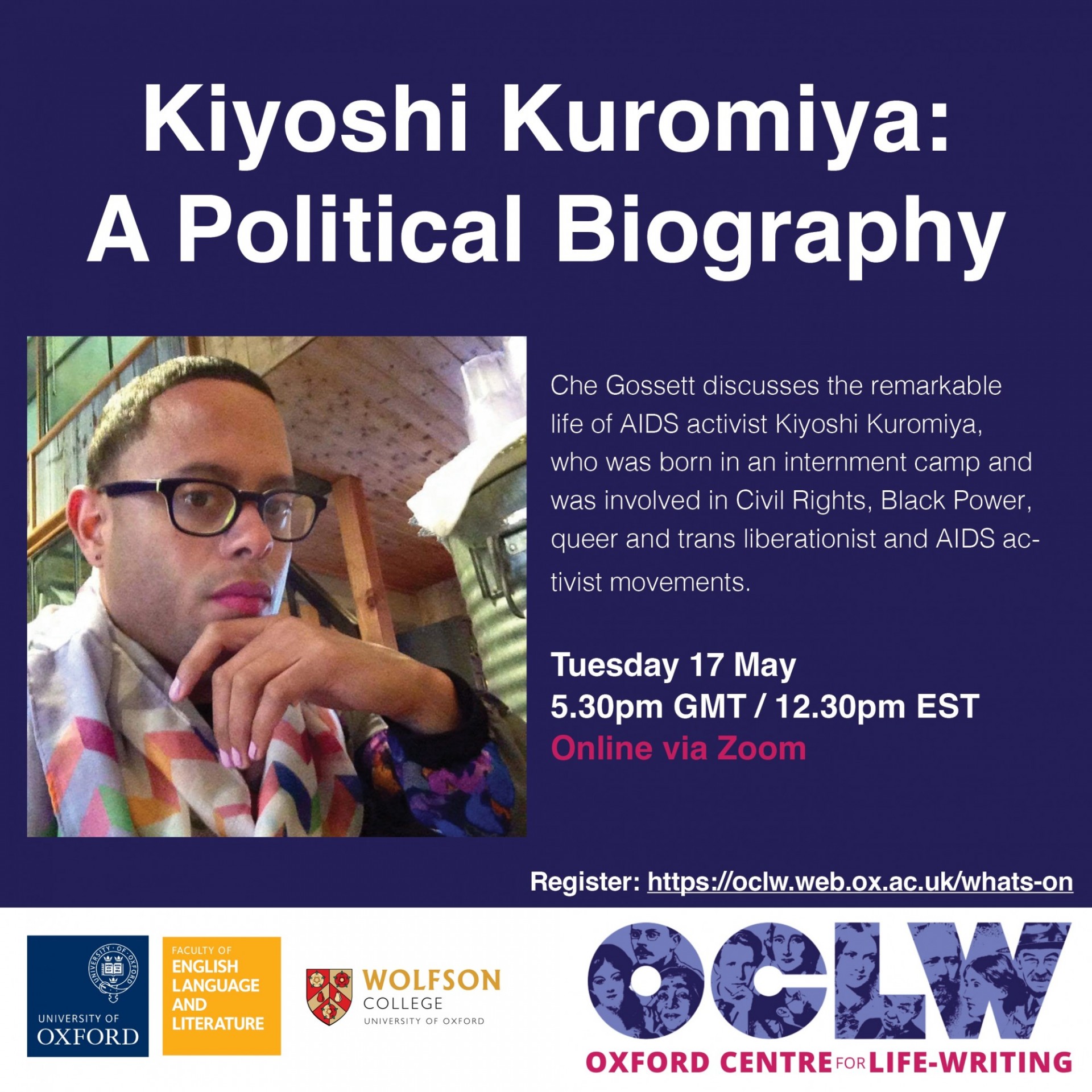 Kiyoshi Kuromiya: A Political Biography poster, with photo of Che Gossett.